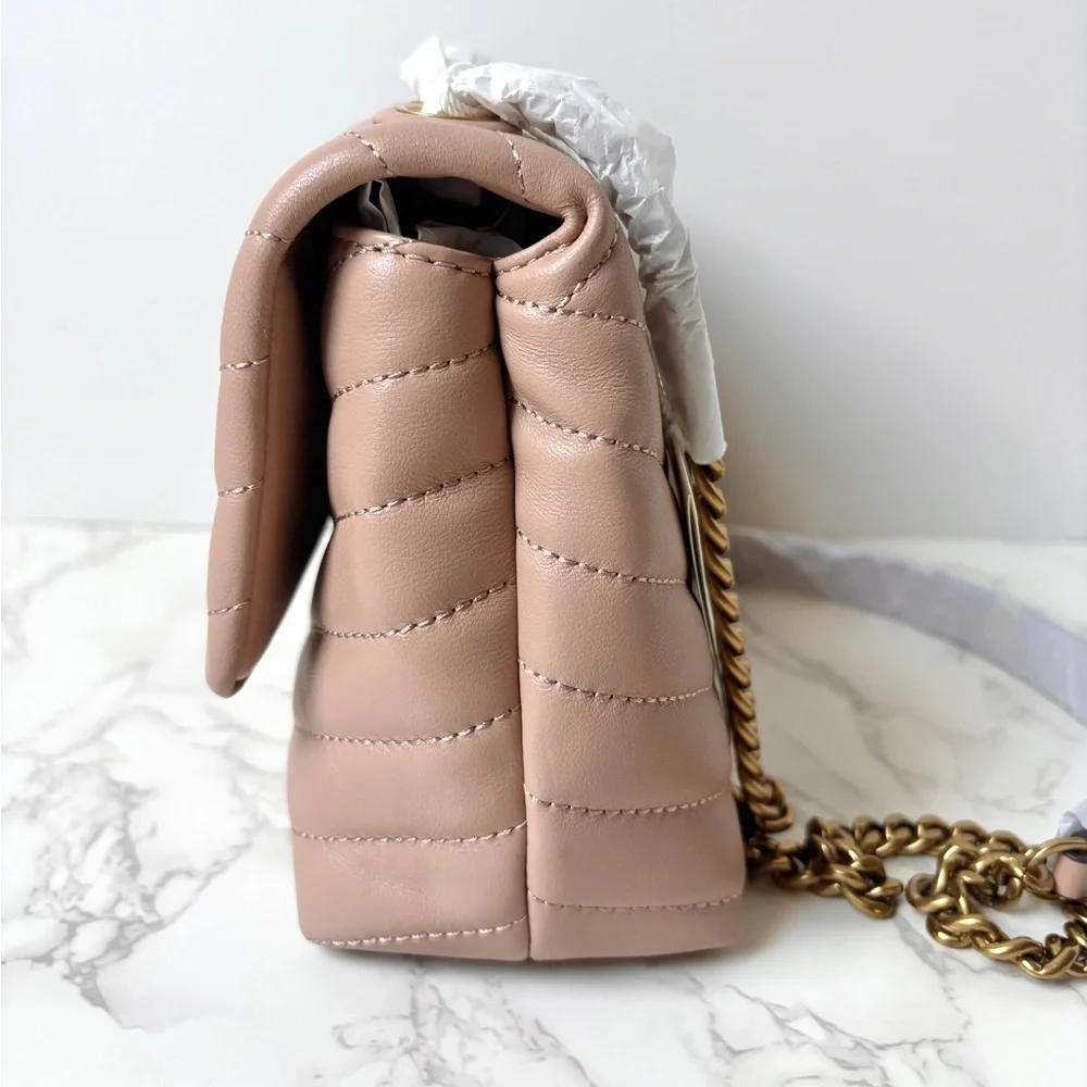 New Tory Burch Kira Chevron Small Leather Shoulder Bag Beige Neutral
